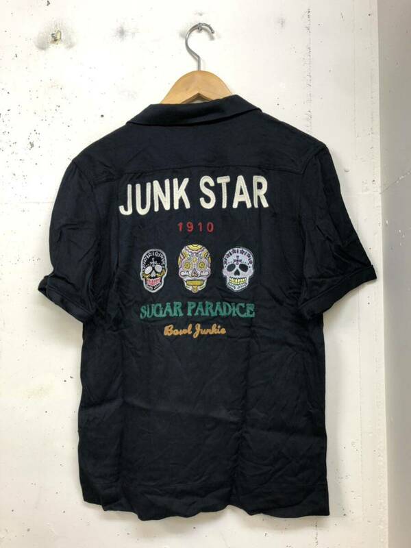 美品　JUNK STAR メキシカンスカル　レーヨン　半袖ボーリングシャツ　小さいL 実寸S程度　チェーンステッチ刺繍　