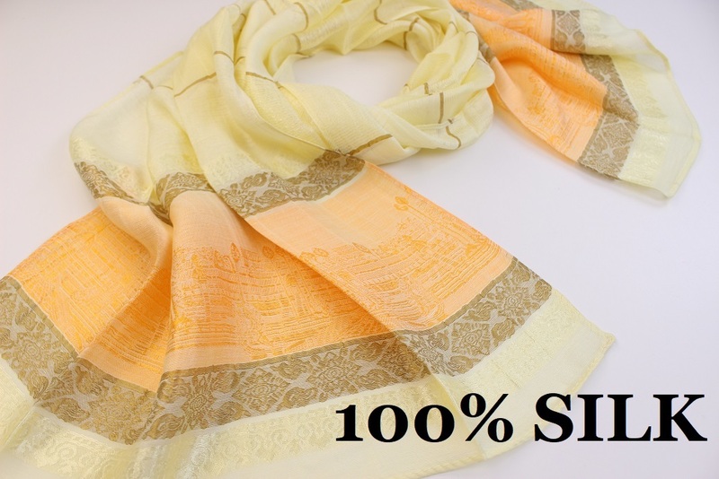 新品【SILK シルク100%】アンコールワット 幾何学柄 薄手 スカーフ/ストール 春色 ライトイエロー系 オレンジ ゴールド