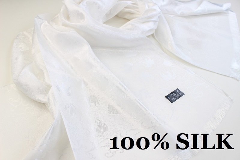 新品【SILK シルク100%】エレファント 象 ペイズリー柄 大判 薄手 ストール/スカーフ WHITE 白 ホワイト