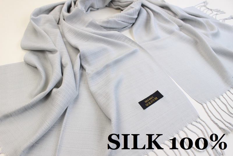 新品【SILK シルク100%】無地 Plain 大判 薄手 ストール S.GRAY 薄灰 シルバーグレー系