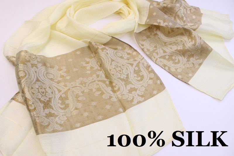 新品【SILK シルク100%】華 ペイズリー柄 薄手 スカーフ/ストール ライトイエロー系 ゴールド ホワイト