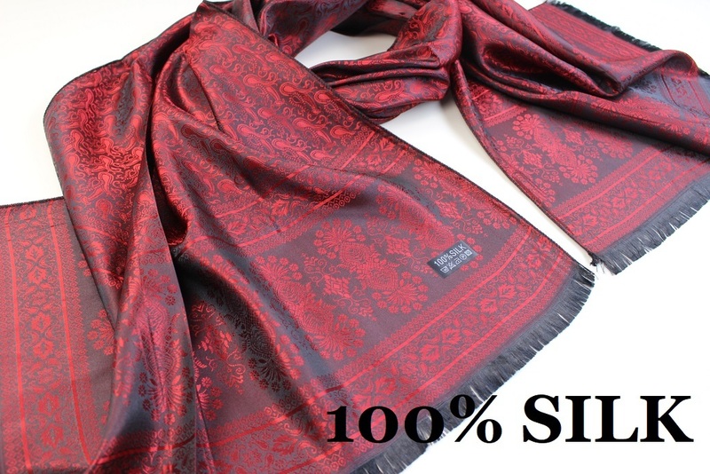 新品【SILK シルク100%】ペイズリー 幾何学柄 大判 薄手 ストール/スカーフ レッド系 ブラック