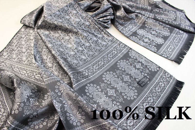 新品【SILK シルク100%】ペイズリー 幾何学柄 大判 薄手 ストール/スカーフ ブラック系 シルバー