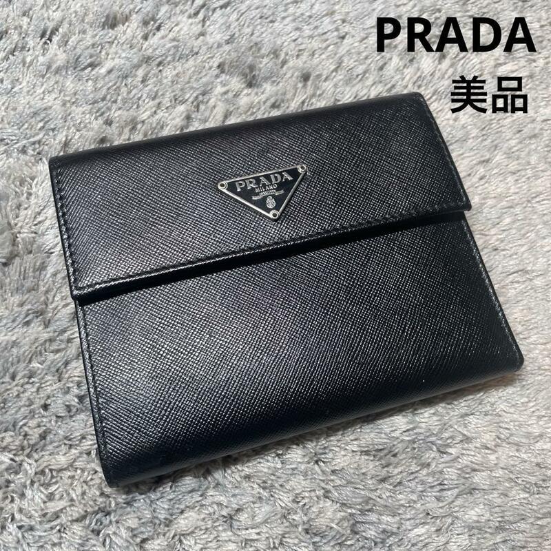 ★美品★PRADA プラダ 折り財布 レザー ブラック 三角ロゴ