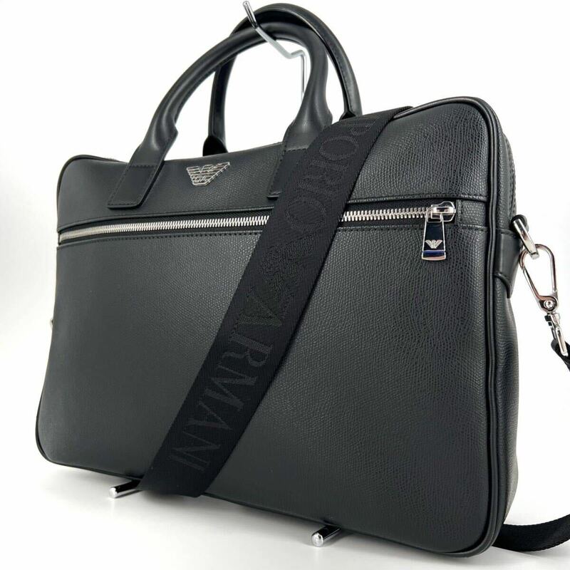 美品 EMPORIO ARMANI エンポリオアルマーニ ビジネスバッグ ブリーフケース 2way A4収納可 ブラック 黒 レザー イーグルロゴ 保存袋付き
