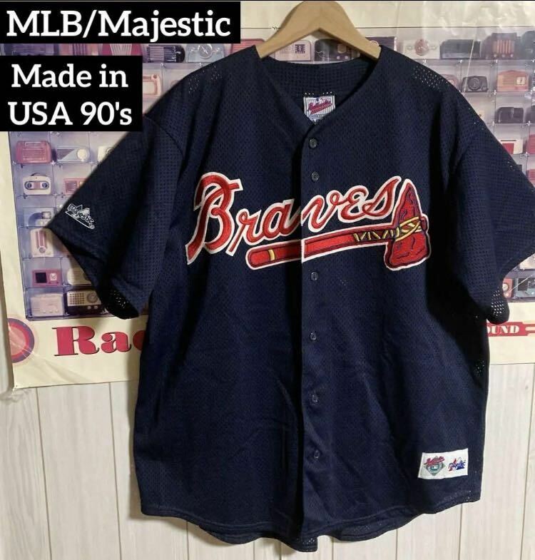 USA製90s MAJESTIC MLBアトランタブレーブスベースボールゲームシャツATLANTA BRAVESベースボールシャツユニフォームチッパージョーンズ