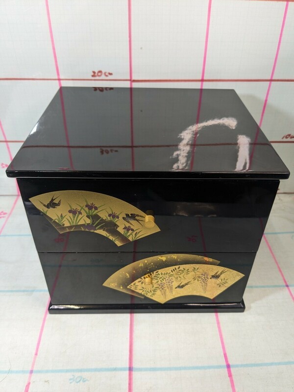 会津塗 二段 引出 引出し 扇 二ツ引タンス 伝統 消金粉 手描 蒔絵 小物入れ　漆器 80サイズ