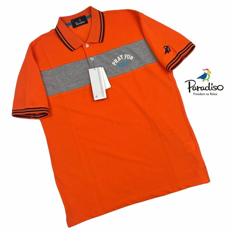 定価/7,500- +税 新品 Paradiso パラディーゾ ポロシャツ ゲームシャツ サイズM オレンジ グレー 袖ロゴ 胸ロゴ 未使用品 ゴルフ A2397