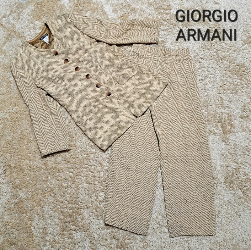 最高級ライン　GIORGIO ARMANI　ジョルジオアルマーニ　セットアップ　総柄　ノーカラージャケット　パンツ　上下　シルク混　
