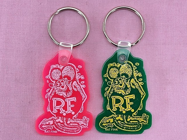 240424●○ほぼ未使用　RAT FINK　ラットフィンク　ラバー　キーホルダー　2点セット　ピンク/グリーン　現状品○●