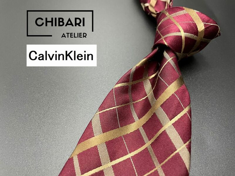 【超美品】CalvinKlein　カルバンクライン　チェック柄　ネクタイ　3本以上送料無料　ワインレッド　0404132