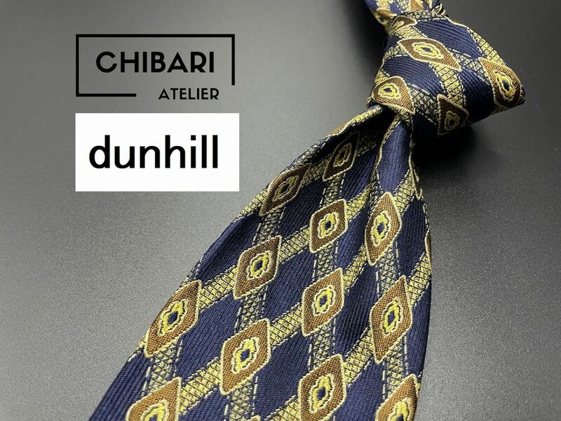 【超美品】dunhill　ダンヒル　ロゴ＆チェック柄　ネクタイ　3本以上送料無料　ネイビー　0404233