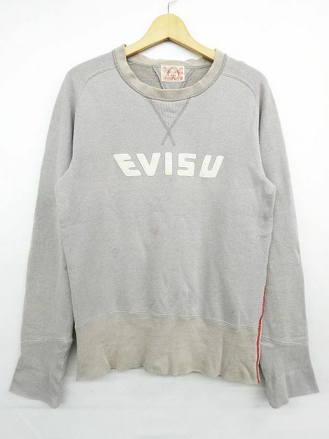 現状品 EVISU エヴィス トレーナー ロゴ アップリケ メンズ サイズ36 身幅約52cm 着丈64.5cm ベージュ系 