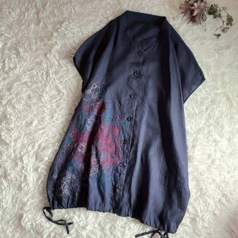 ③ Koibitomisaki 麻 リネン 刺繍 ボタニカル 裾 ギャザー コート 羽織 ワンピース オーバー 大きいサイズフリー