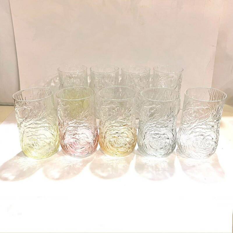 グラス 9個 東洋ガラス 波 昭和 レトロ カラーガラス　k2404057