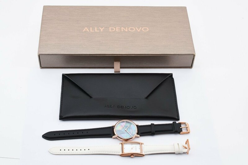 美品 箱付き 石付き アリーデノヴォ 2本巻き ラウンド ゴールド クォーツ 腕時計 ALLY DENOVO