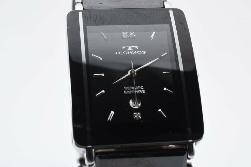 美品 石付き テクノス セラミックサファイア TAM-530 シルバー クォーツ レディース 腕時計 TECHNOS Ceramic Sapphire