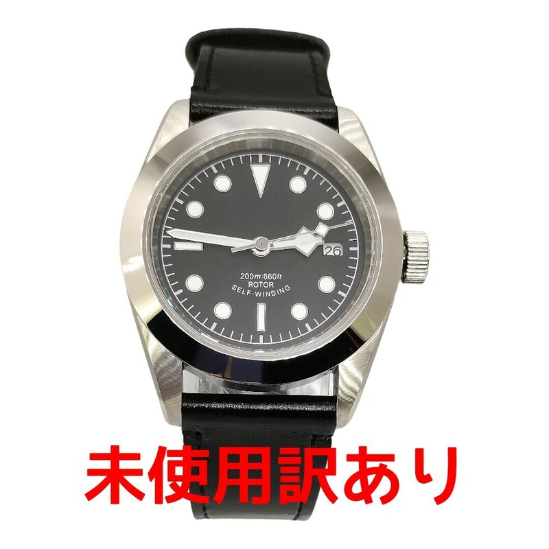 ★未使用訳あり品★ 自動巻 ノーロゴ 黒文字盤 NH35 メンズ腕時計 機械式 ブラックストラップ ビジネス
