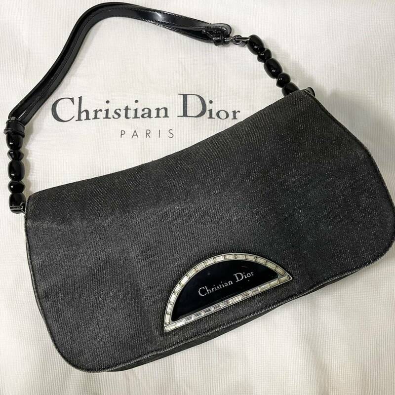 ①クリスチャン ディオール Christian Dior デニム マリスパールラインストーンバッグ 黒系