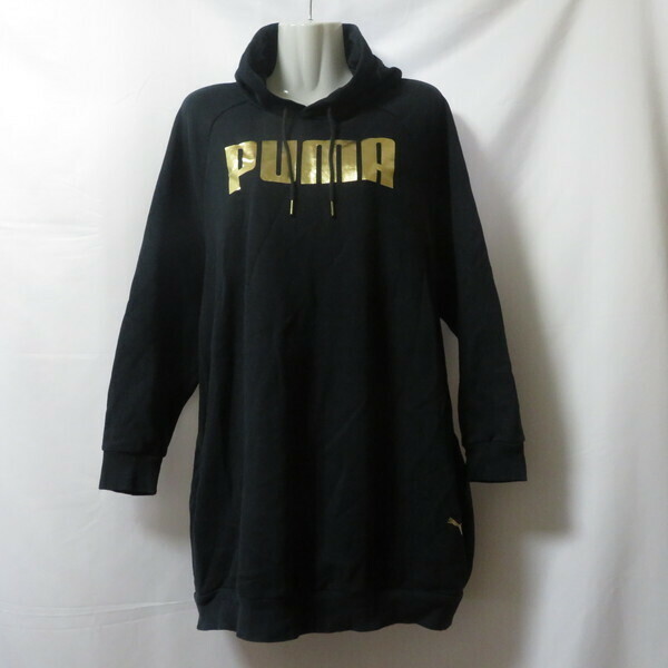 古着 レディースL PUMA/プーマ 裏起毛 スウェット ワンピース フード パーカー 胸ロゴ スポーツ カジュアル ブラック 582312-01