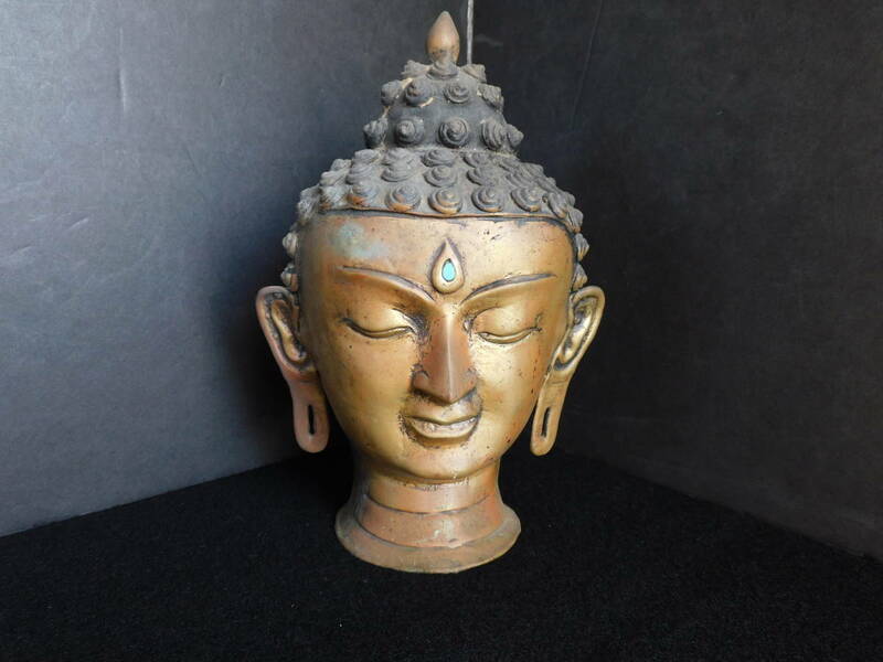 唐銅仏頭　約７６０g　チベットネパールタイアジアカンボジアラオスガンダーラ　ヒンドゥー教