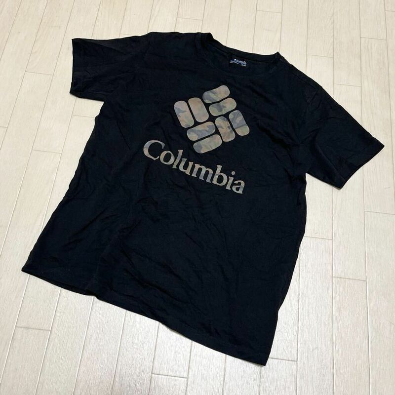 和305★ Columbia コロンビア 半袖 ロゴプリント Tシャツ アウトドア キャンプ 迷彩 カモフラ XL ブラック メンズ