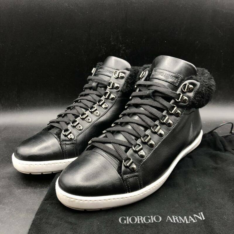 M2666 良品 GIORGIO ARMANI ジョルジオ アルマーニ レザー ハイカットスニーカー シューズ メンズ 8/26.0cm相当 ブラック 黒 中ボア