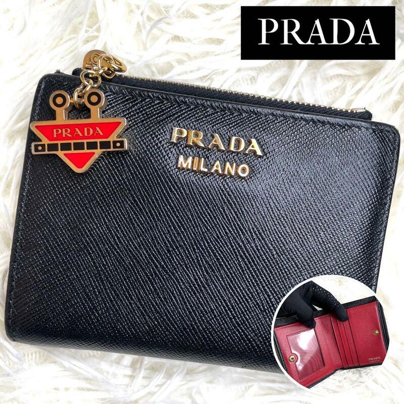美品 / PRADA プラダ ロボットチャームコンパクトジップウォレット 二つ折り財布 サフィアーノレザー ブラック レッド 1ML023