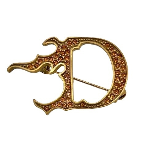  Christian Dior クリスチャンディオール ディオール ブローチ Dロゴ モチーフ ラインストーン ゴールド系 ヴィンテージ アクセサリー