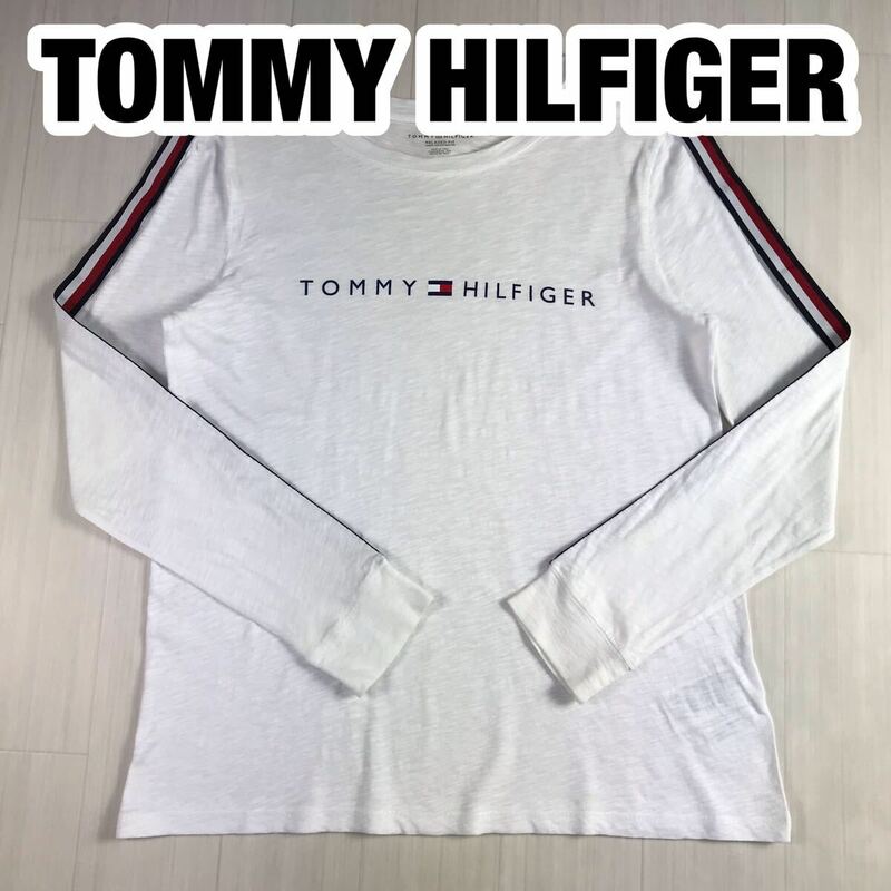 TOMMY HILFIGER トミー ヒルフィガー 長袖Tシャツ M ホワイト プリントTシャツ ロンT ライン フラッグ