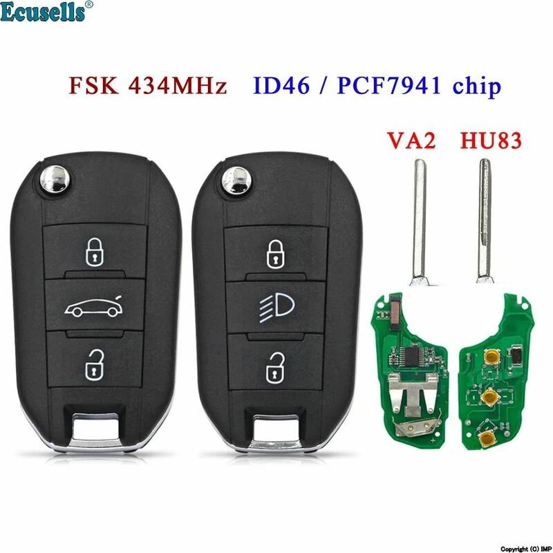 3ボタンリモコンキー 434MHz pcf7941 peuugeot 208 2008 301 308 508 citroen c-elysee C4-Cactus hu83/va2用チップ