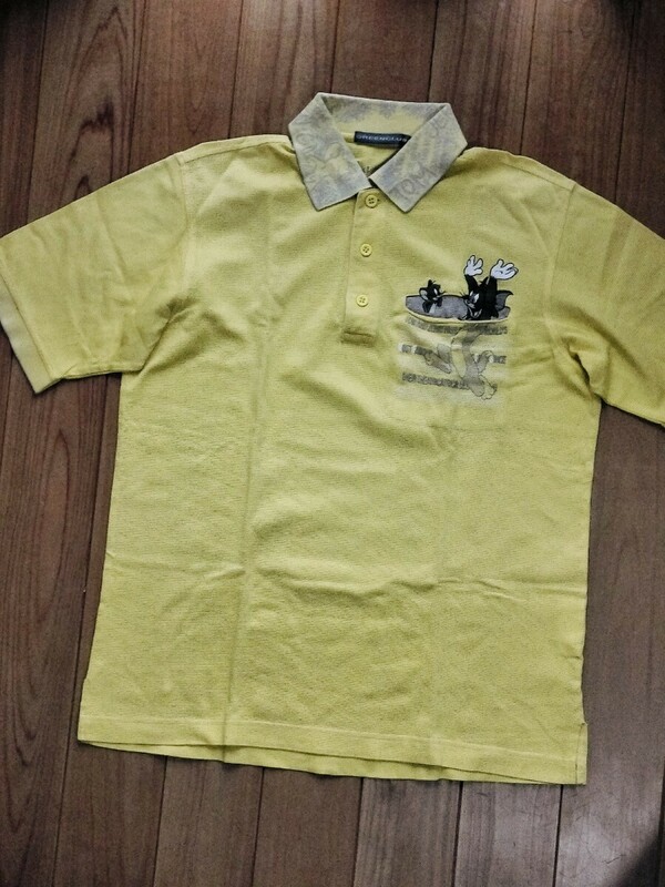 グリーンクラブ 半袖ポロシャツ メンズ3(M～L) イエロー×グレー×ベージュ系 トムとジェリー刺繍 日本製 ゴルフ タウン 良品 送料無料 