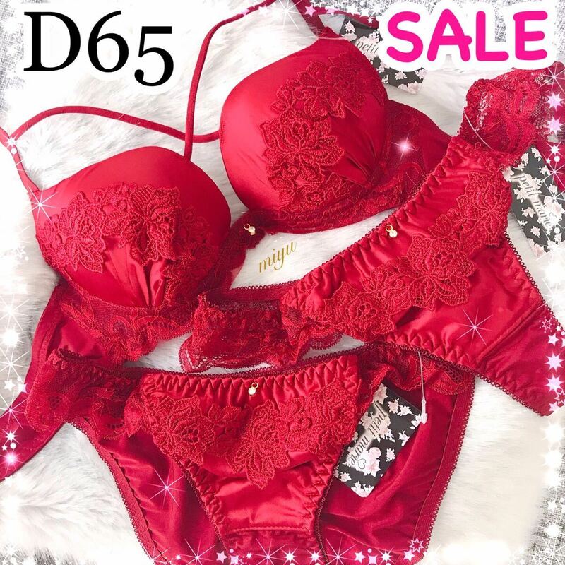 セール★D65M★サテンクロスコード 赤 レッド★ブラジャー&2ショーツセット★Tバック付き3点セット★セクシー 紐 Cカップ アンダー65★みゆ