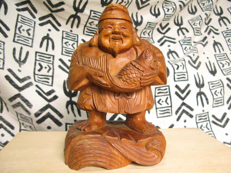 木彫り 恵比寿様 ヒノキ材 恵比寿天様　七福神 高さ約26ｃｍ 重さ約１．４ｋｇ ヴィンテージ 神奈川より80サイズ （s516)