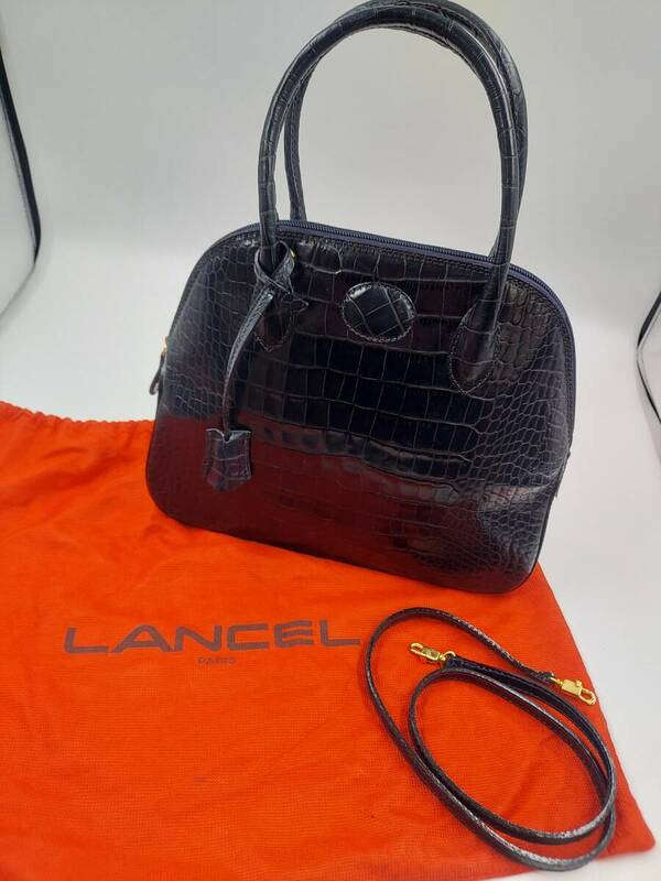 LANCEL ランセル 2WAY 本革 レザー クロコダイル型押し ハンドバッグ 手持ち鞄 ショルダーバッグ 鍵付き 黒 ブラック レディース