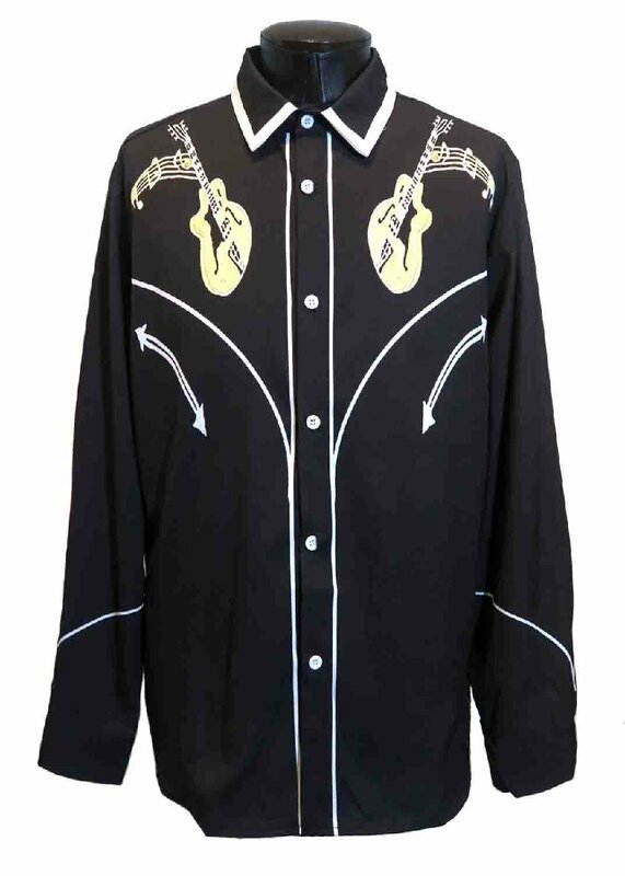 新品 Sサイズ ウエスタンシャツ 2123 黒×ギター BLACK 配色切替 綺麗め 柄シャツ カウボーイ ロカビリー ロック モード ヴィジュアル系