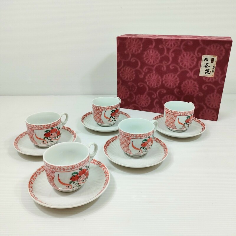 九谷焼 泉峯 赤絵 コーヒー碗皿 カップ&ソーサー 5客セット