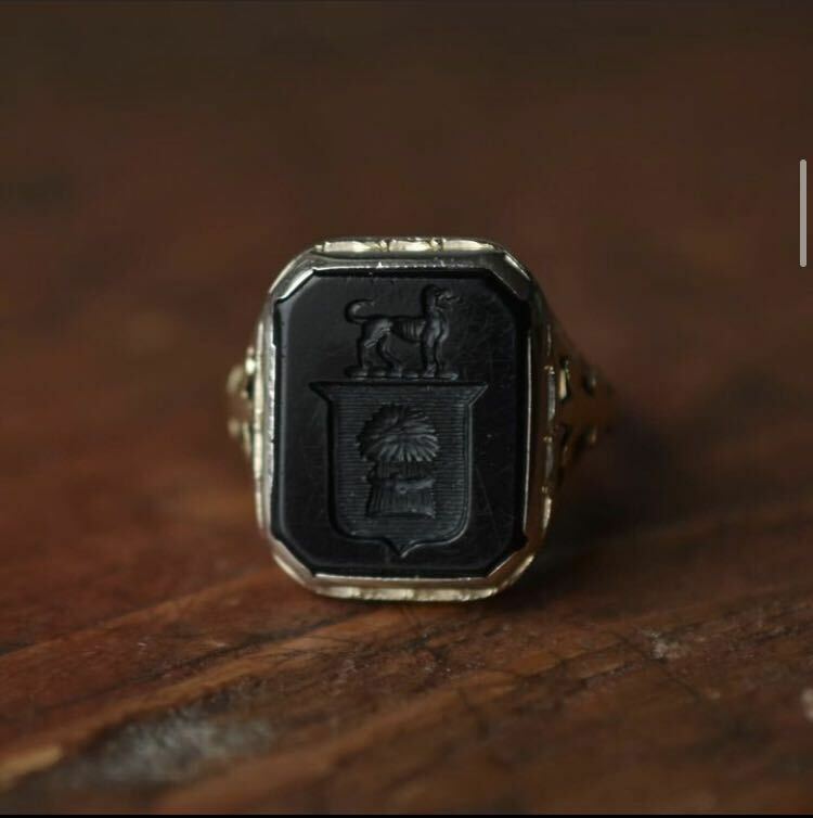 1930年代ヴィンテージ ライオンと麦の穂盾の紋章 オニキス インタリオ リング 14K ゴールド 指輪 アンティークリング