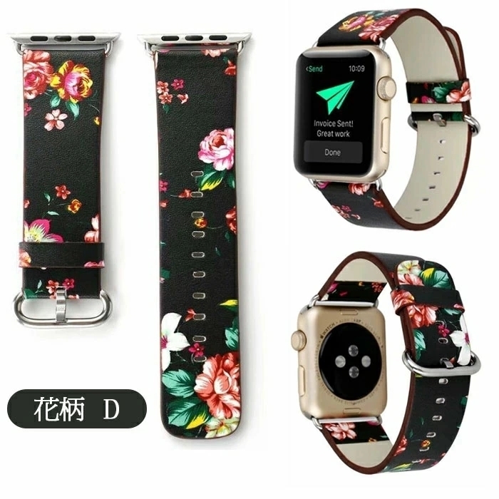 Apple Watch バンドPUレザー アップル ウォッチ 革 iwatchベルト アップルウォッチ 通用バンド 花柄 ベルト 交換 【花柄D 38/40MM】