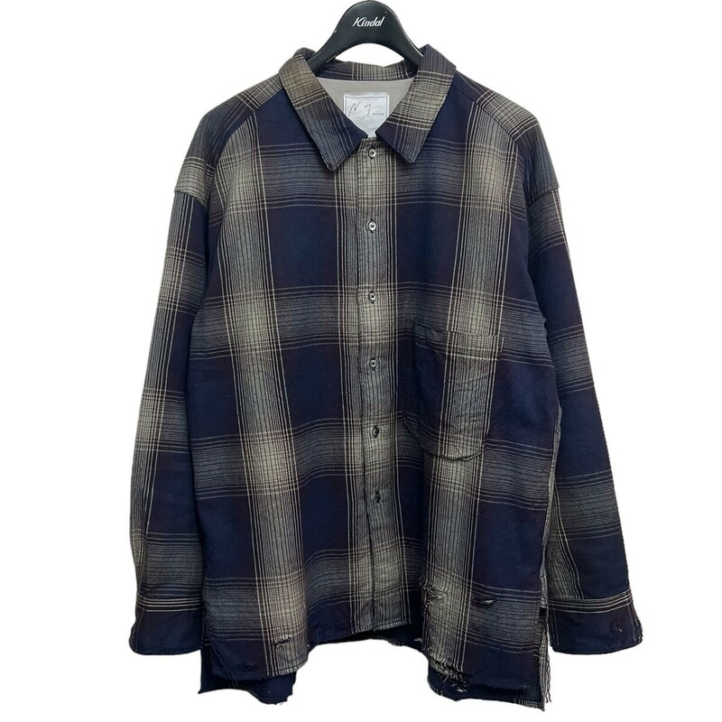 ANCELLM(アンセルム) 2023AW DAMAGED FLANNEL CHECK SHIRT GRAY／BURGUNDY　8071000131683