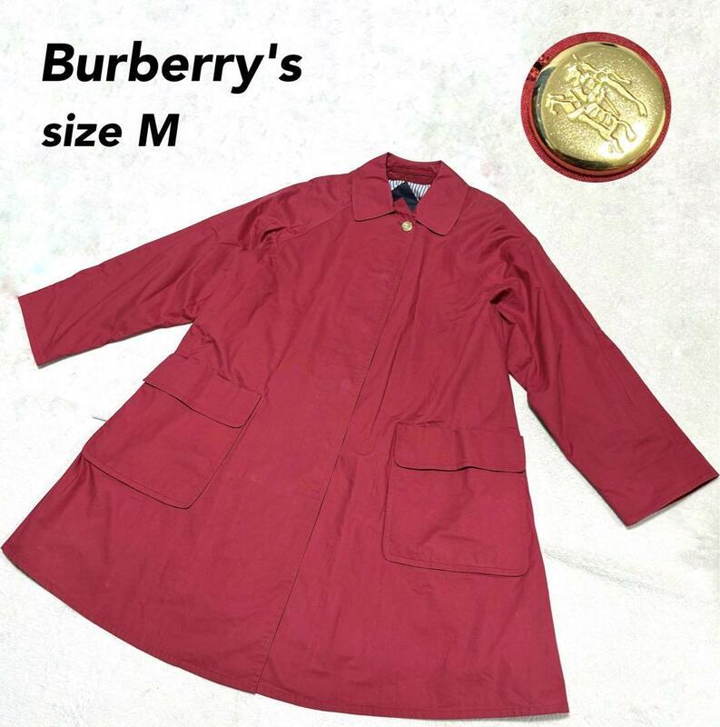 1円〜 希少な一枚袖 80'S Burberry バーバリー ステンカラーコート 金ボタン コットン100％ ビッグカラーホース刺繍 M レッド
