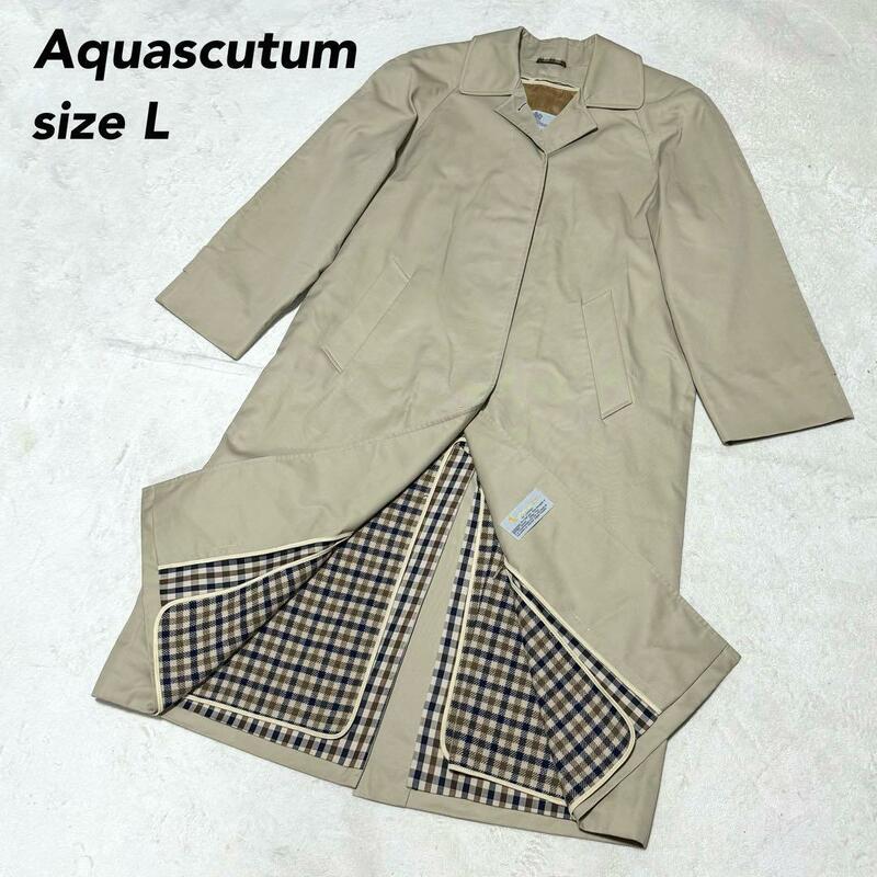 1円〜 Aquascutum アクアスキュータム ステンカラーコート クラブチェック ベージュ Lサイズ相当 ライナー付 1スタ レディース