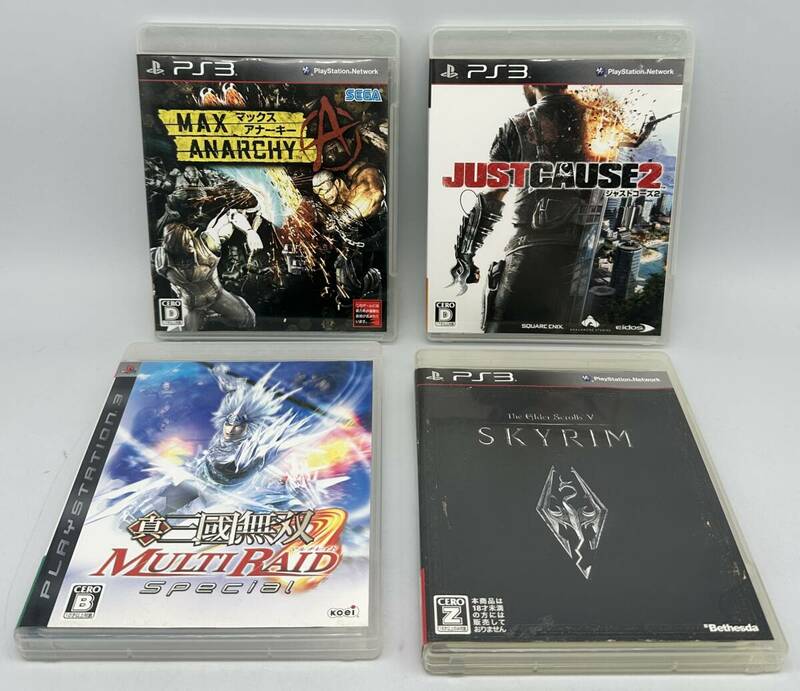 y1282TT PS3 プレイスーション3 SONY ゲームソフト 4本 マックスアナーキー ジャストコーズ2 SKYRIM 真・三国無双マルチレイド