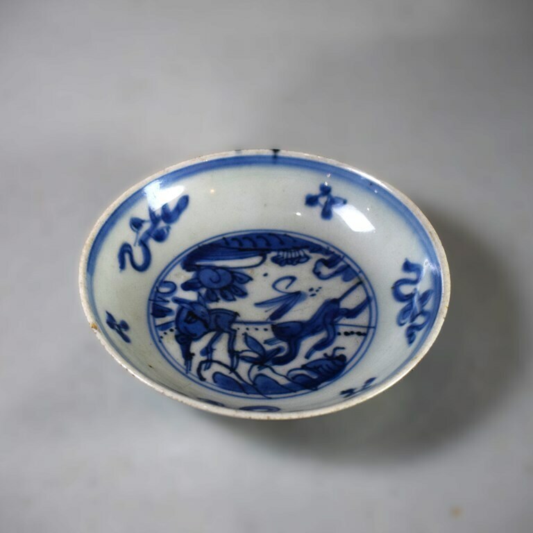 【A-00457】古染付鹿猿図皿【中国美術 13.8cm】