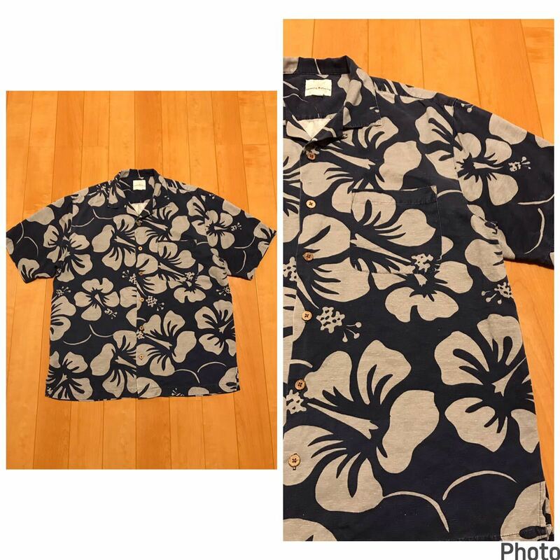 良品☆tommy Bahama　RELAXオーバーサイズM大き目.日本XL〜並　半袖希少シルクアロハシャツ　インディゴ調ネイビー色 大判.花総柄 USA古着