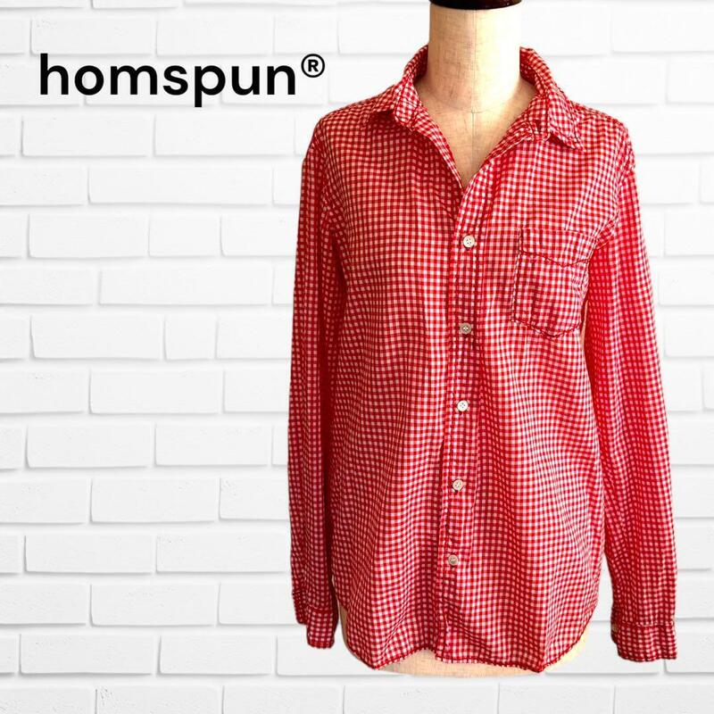 homespun ホームスパン 赤白 ギンガムチェック コットンシャツ シンプル