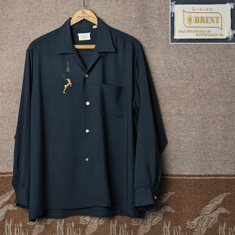 黒 レーヨン 【BRENT】 60s Rayon Box Shirt / 60年代 オープンカラー ボックス ループ シャツ ブレント 刺繍 ロカビリー ビンテージ 50s