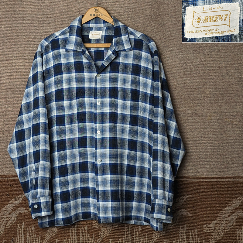 シャドーチェック 【BRENT】 60s Shadow Plaid Rayon Box Shirt 60年代 レーヨン オープンカラー ボックス シャツ オンブレ ビンテージ 50s