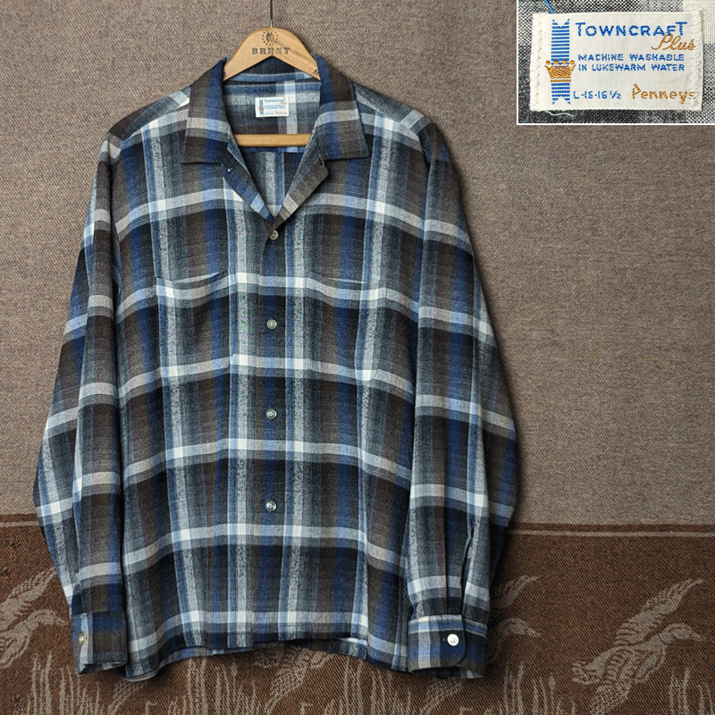 シャドーチェック【タウンクラフト】60s TOWNCRAFT Rayon Shirt 60年代 レーヨン オープンカラー ボックス シャツ オンブレ ビンテージ 50s