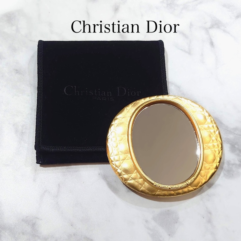 【美品】Christian Dior クリスチャン ディオール CD 手鏡 コンパクトミラー 鏡 ミラー ゴールド カナージュ レディディオール 送料無料